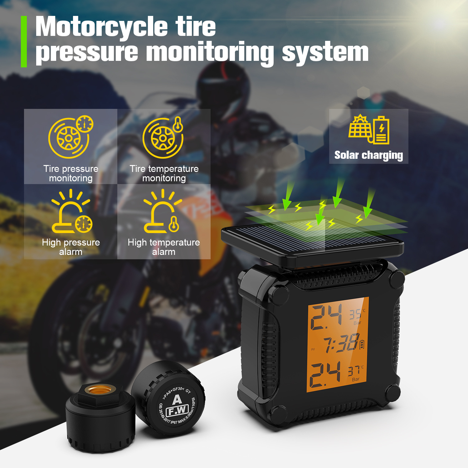 Temperature Sensor - ระบบตรวจสอบแรงดันลมยาง จอแสดงผลสีสันสดใส ระบบ TPMS ไร้สาย ชาร์จพลังงานแสงอาทิตย์สำหรับมอเตอร์ไซค์